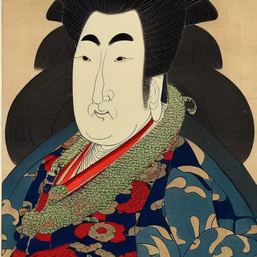 Prompt: an exquisite intricate close up portrait of the emperor boris johnson, in the edo era, vibrant, exhibited in the british museum, art, paintings, portrait painted by hokusai, 1 8 th century japanese art