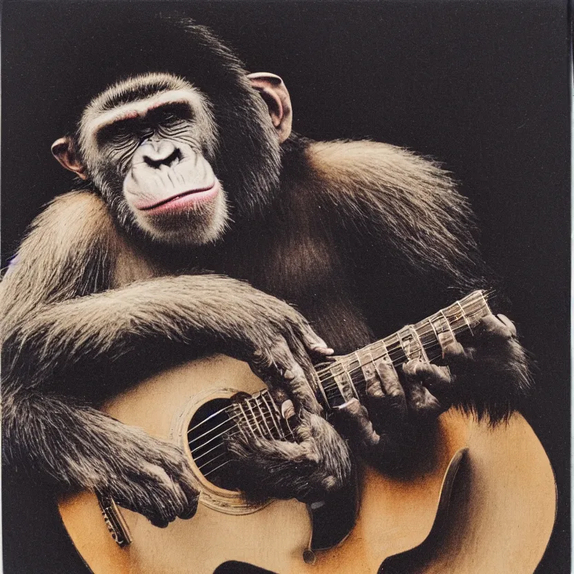 Image similar to portrait of an ape playing a guitar, polaroid