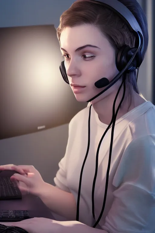 Image similar to gamer girl playing a game on her computer, portrait shot of her face lit up by the monitor, wearing gaming headset, hyperrealistic, trending on artstation, intricate detail, dark atmosphere, dynamic lighting