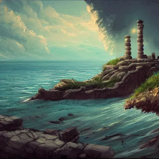 Image similar to digital 2 d, traditional paint, mixed media, concept art, illustration, environmental concept art & design, ruins, coast, ocean, sea, beach, remains, greek, pillars, vagrants, forest of liars, twilight, clouds, sky, coastline, sylvain sarrailh