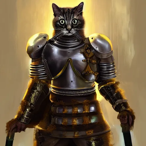 Prompt: Cats with a medieval armour fighting with a sword, epic environment. Artstation. Very detailed.
