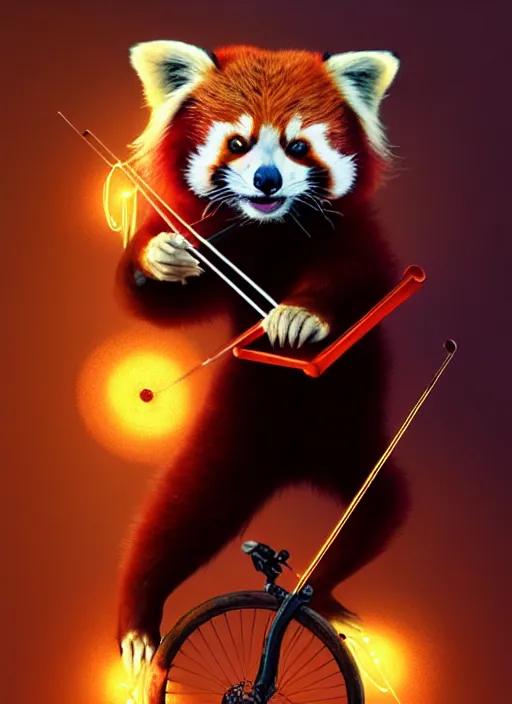 Prompt: portrait of a red panda riding a unicycle, playing a violin, intricate, elegant, glowing lights, highly detailed, digital painting, artstation, concept art, smooth, sharp focus, illustration, art by wlop, mars ravelo and greg rutkowski