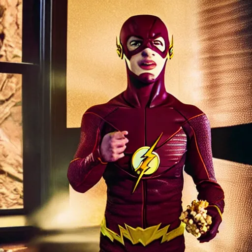 Prompt: photo of ezra miller as flash eating popcorn, national geographic, morning, daylight