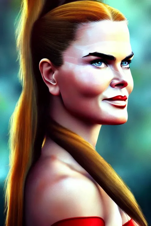 Image similar to mix of beautiful young maria shriver, mariel hemmingway, brooke shields, nicole kidman and elle macpherson as a young amazon warrior, thin lips, hair tied up in a pony tail, dark blonde hair, colorful, artstation, cgsociety