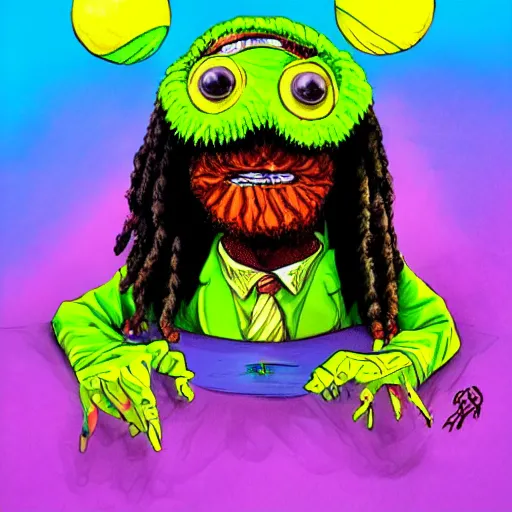 Image similar to a snoop dogg tennis ball monster, snoop dogg, colorful, digital art, fantasy, magic, chalk, trending on artstation, ultra detailed, professional illustration by basil gogos