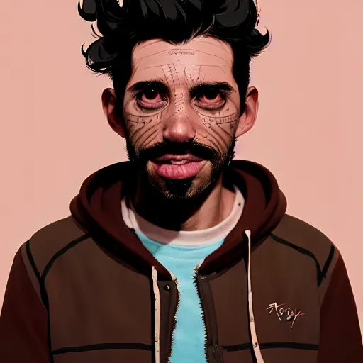 Image similar to highly detailed portrait of a sewer punk guy worker, thirties, black hair, brown eyes, small mustache, tartan hoody, short curly hair by atey ghailan, by greg rutkowski, by greg tocchini, by james gilleard, by joe fenton, by kaethe butcher, gradient pink, brown, light blue and white color scheme,