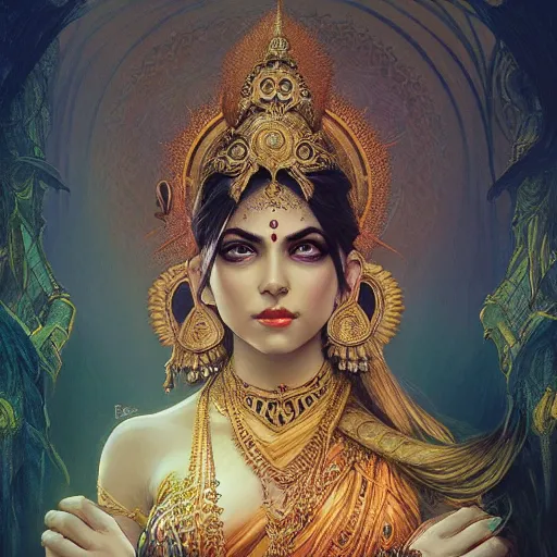 Image similar to Portrait of an hindu goddess as 2B, dark art, D&D, fantasy, intricate, elegant, highly detailed, digital painting, artstation, concept art, matte focus, octane, illustration, art by Artgerm and Greg Rutkowski and Alphonse Mucha