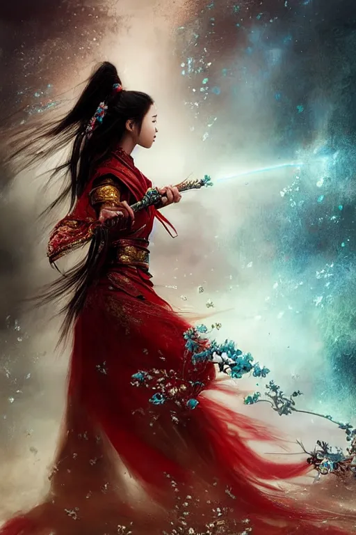 Image similar to beautiful cinematic fantasy portrait of wuxia heroine, in forbidden City Rainning, flowers sea everywhere, beautiful glowing galaxy eyes, hybrid from Dynasty Warriror and art direction by tian zi and WLOP and Darius Zawadzki cinematic quality character render; low angle; fantasy, intricate, very very beautiful, elegant, highly detailed, digital painting, production quality cinema model;