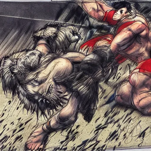 Image similar to hero wrestling against a lion in the middle of an arena, crowd of people, pencil art, added detail, high definiton, colored, aerial viewyoji shinkawa