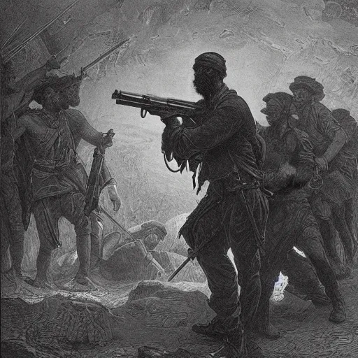 Image similar to Adam shooting the sname with an AK-47, biblical painting by Gustave Doré, black and white palette, detailed