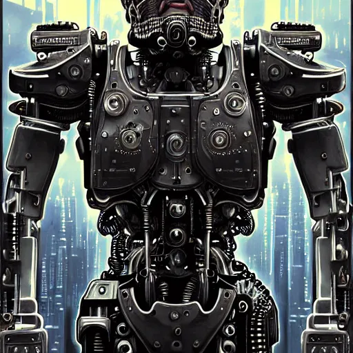 Image similar to ultra realist intricate detailed pin - up painting of a single rugged cyborg male, bearded face and cyborg tech on body and legs, symmetry accurate features, cyberpunk, industrial, apocalyptic, very intricate details, focus, high resolution, 8 k resolution, dramatic lighting, artstyle vincent di fate and alex ries, award winning