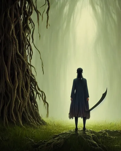 Image similar to highly detailed surreal vfx portrait of a cursed dagger in a shadowy swamp by a willow tree, stephen bliss, unreal engine, greg rutkowski, loish, rhads, beeple, makoto shinkai and lois van baarle, ilya kuvshinov, rossdraws, tom bagshaw, alphonse mucha, global illumination, detailed and intricate environment