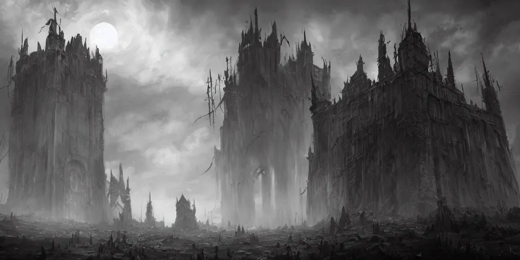 Prompt: grimdark fantasy fortress, terrifying, looming, dark, fog, dark souls, soulborne, artstation