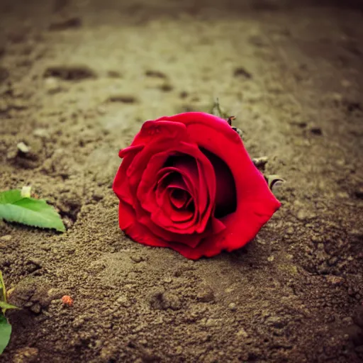 Image similar to a red rose, on a dirt grave, photography, faded