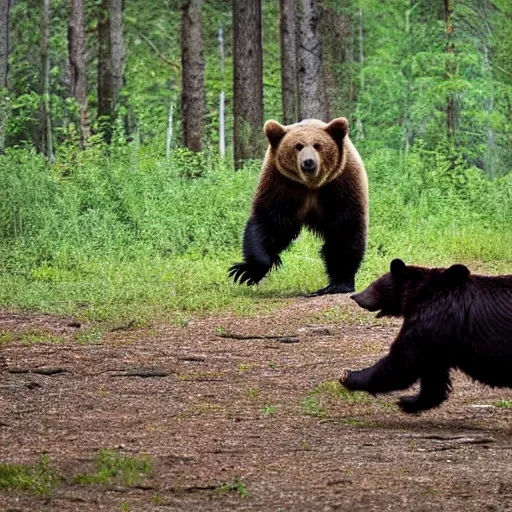 Image similar to a bear chasing a person wearing a backpack in the forest