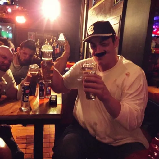 Prompt: super mario chugging a beer and getting drunk at a bar with the boys