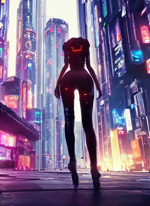 Image similar to photo of a beautiful woman walking through a ( ( ( cyberpunk city ) ) ), full body, hyper realistic, 8 k, dslr, unreal engine, highly detailed portrait