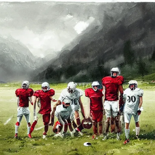 Prompt: a group of football players drinking juice in a stunning landscape by jakub rozalski