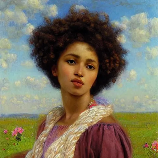 Image similar to east african woman with curly hair, simple background, fedosenko roman, j. w. godward, jose miguel roman frances, intricate details, countryside, dreamy, impressionist, figurative