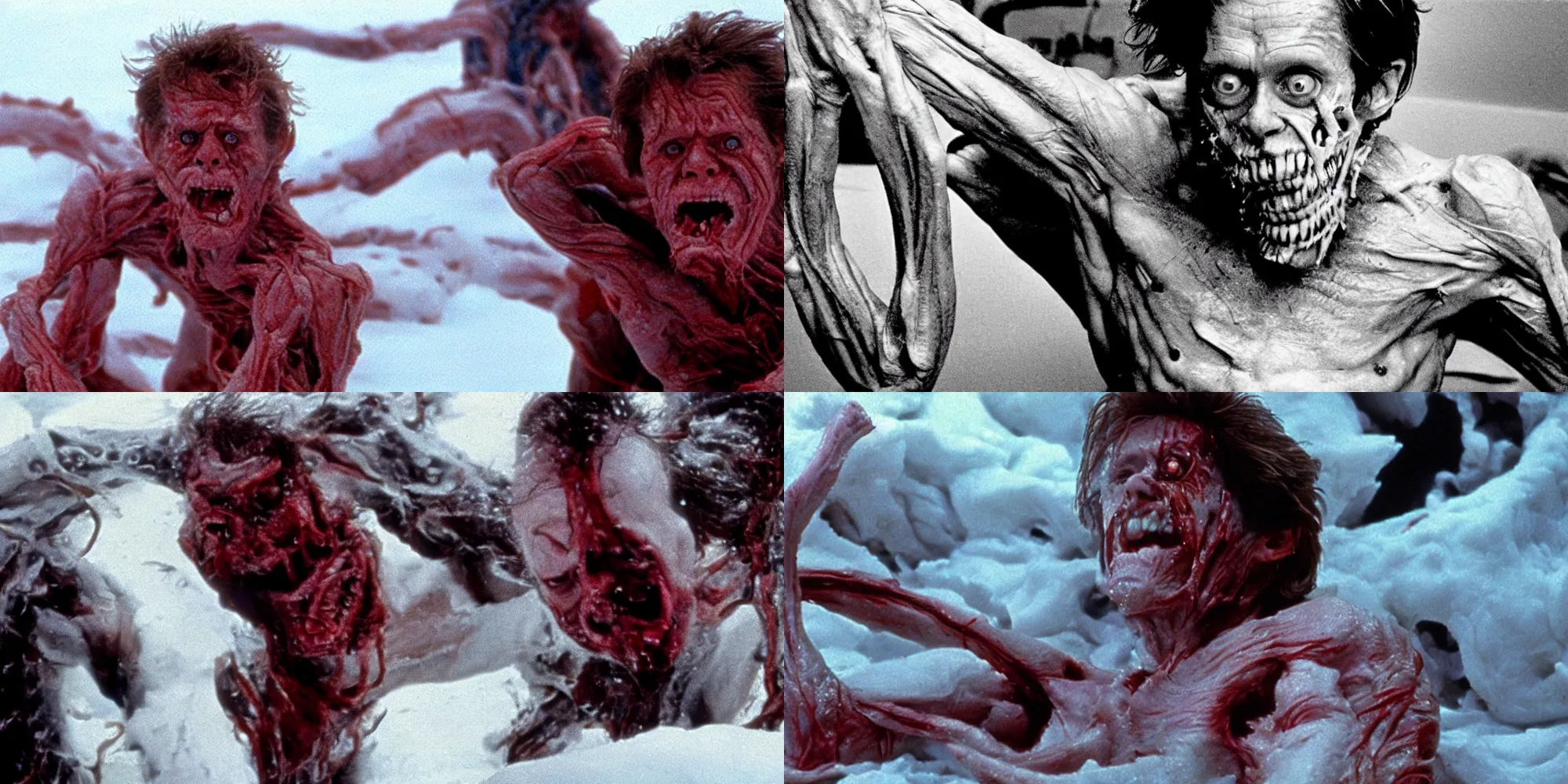 Prompt: willem dafoe body horror in the thing ( 1 9 8 2 ) directed by john carpenter, limb mutations, swollen veins, red flesh strings, antarctica, snow, flamethrower, cinestill 8 0 0 t, 1 9 8 0 s movie still, film grain