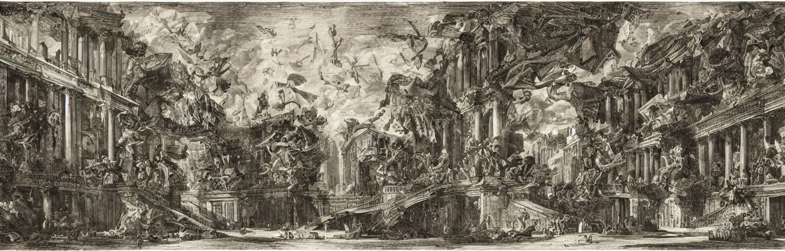 Prompt: a imaginative and theatrical architectural interior landscape, etching by giovanni battista piranesi