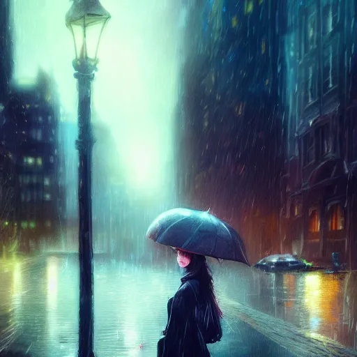 Prompt: detailed intricate digital illustration by greg rutkowski and artgerm and wlop and sanford robinson gifford ; girl standing in windy rainy city street, long exposure light streaks from car lights ; 1 3 mm film, arri alfa anamorphic lens ; sharp focus ; trending on artstation 8 k close view