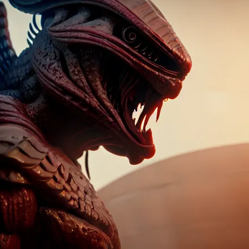 Image similar to predator alien wearing a samurai armor. unreal engine. octane render.