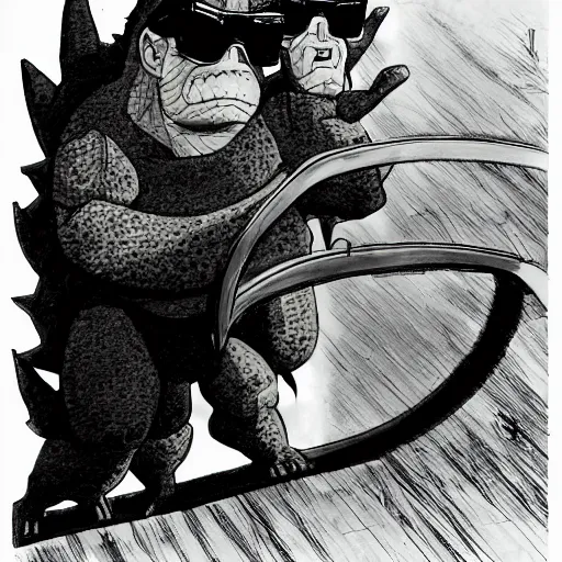 Prompt: godzilla wearing sunglasses anime