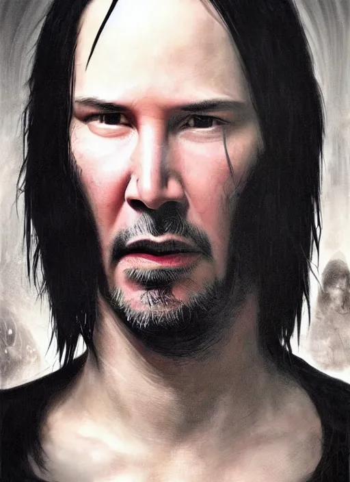 Image similar to keanu reeves neo from matrix 1 as sandman, with fingers and hair turning into smoke, vertigo, shaved, pale skin!, goth, bauhaus, fantasy, intricate, elegant, highly detailed, digital painting, artstation, concept art, wallpaper, smooth, sharp focus, illustration, art by artgerm and greg rutkowski and alphonse mucha