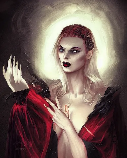 Image similar to tarot, beautiful wicked female occultist, sweeping ombre blonde hair, red eyes, black velvet dress, dark colors, magic Amulet, raven, fantasy painting, trending in Artstation, GSociety, by Charlie Bowater, Brom, Bastien Lecouffe-Deharme