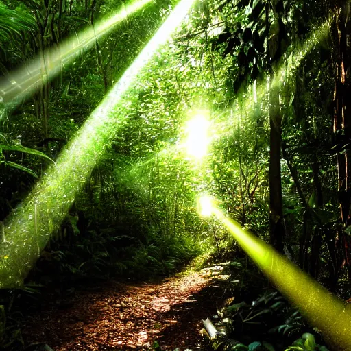 Prompt: A jungle path light rays beaming down from the canopy far above, 8k, lens flare