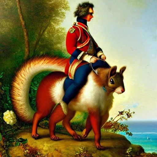 Image similar to a giant fluffy squirrel carrying napoleon bonaparte on its back, beach scene, flowers and foliage, detailed oil painting