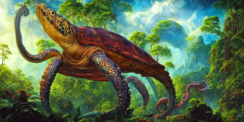 Image similar to fantasy oil painting, great leviathan, turtle cephalopod terrapin reptilian pachyderm amphibian hybrid, rainforest mountains, lush plants flowers, epic natural light, bright clouds, luminous sky, outer worlds, bright cinematic lighting, michael cheval, michael whelan, vray, 8 k hd