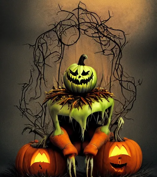 Image similar to a tim burton design of a horrifying pumpkin king, his face looks like a pumpkin, fat, limbs made from vines, sitting on a stone throne, detailed game art illustration, menacing carved facial expression, creepy lighting, dynamic pose, 4 k artstation, masterpiece