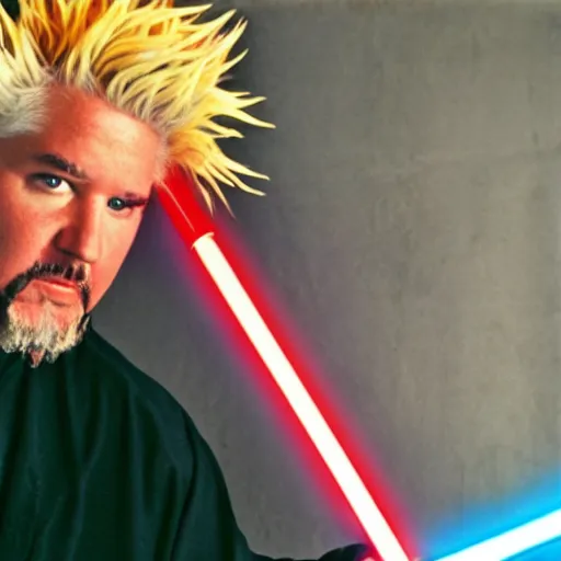 Prompt: desaturated!!!!!!, Guy Fieri in Star Wars, Jedi Knight, blue light saber, cinematic, cinestill 400t film, 35mm lens, by Stanly Kubrick, ultra high quality