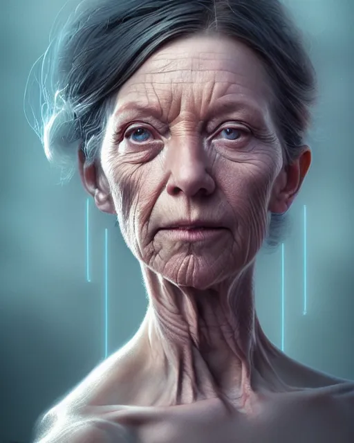 Image similar to highly detailed vfx portrait of, woman getting progressively older muscular by stephen bliss, chalk, unrealengine, greg rutkowski, loish, rhads, beeple, chalk, makoto shinkai and lois van baarle, ilya kuvshinov, rossdraws, tom bagshaw, basil gogos