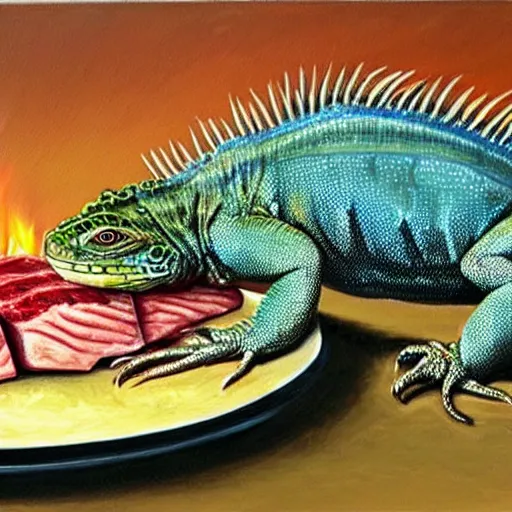 Prompt: iguana cooking a steak, Hyper-Realism, realistic,