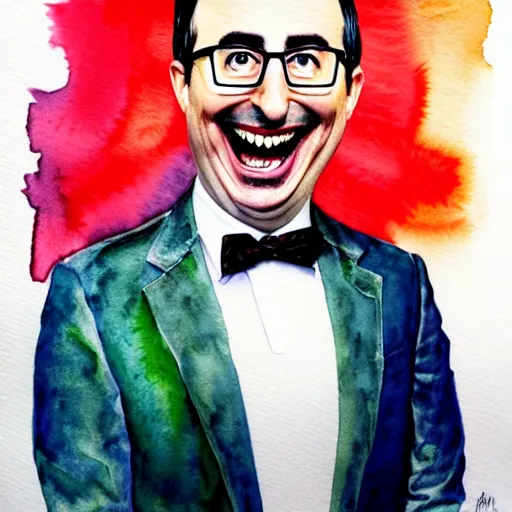 Image similar to John Oliver, manically laughing, insanity in his eyes, watercolor, hyper detailed, hyper realistic, by Leonardo Da Vinvi, portrait, cloese-up.