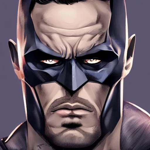 Prompt: portrait of gigachad batman, masterpiece, digital illustration, highly detailed, trending on artstation