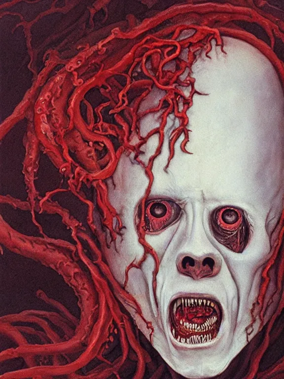 Image similar to painting by wayne barlowe of a flying sorrowful looking severed human head with tears running down it's eyes, face that is chalk white in color, with long sprawling white tentacles stemming down it's neck, fiery scorching red eyes, flying in a terrying hellish dark cavernous place