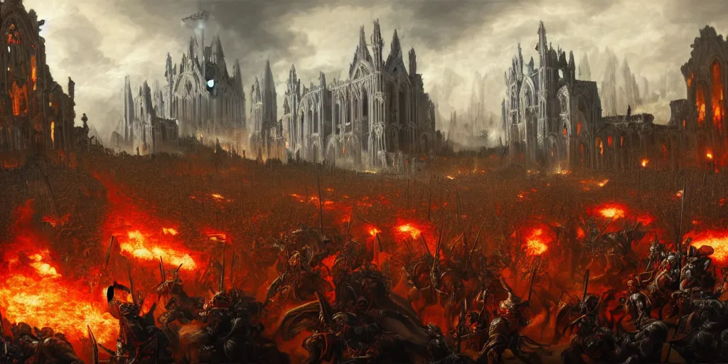 Image similar to highly detailed portrait painting of an ancient gods on hell horses war battle, abbey warhammer battle, old abbey in the background, cathedrals, giant columns, magic blasts by liang xing, 8 k resolution