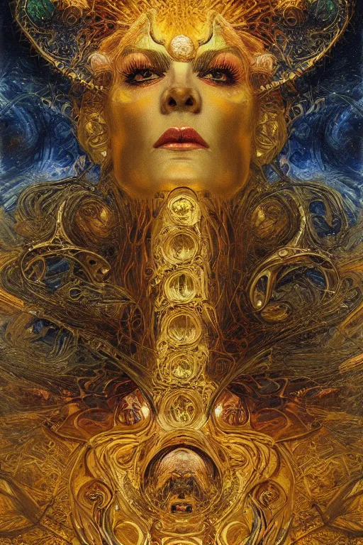 Image similar to Divine Chaos Engine by Karol Bak, Jean Deville, Gustav Klimt, and Vincent Van Gogh, visionary, sacred fractal structures, ornate gilded medieval icon, spirals, 8k 3D