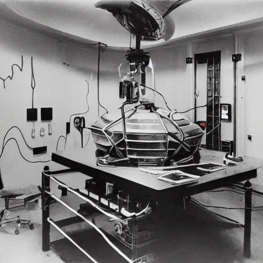 Image similar to interior photo of alien laboratory with strange device at the center of a room, colorful photo