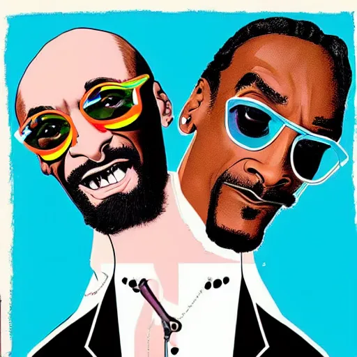 Prompt: 90s style pop art of Phil Collins and Snoop Dogg standing next to each other in the background of never gonna give you up song