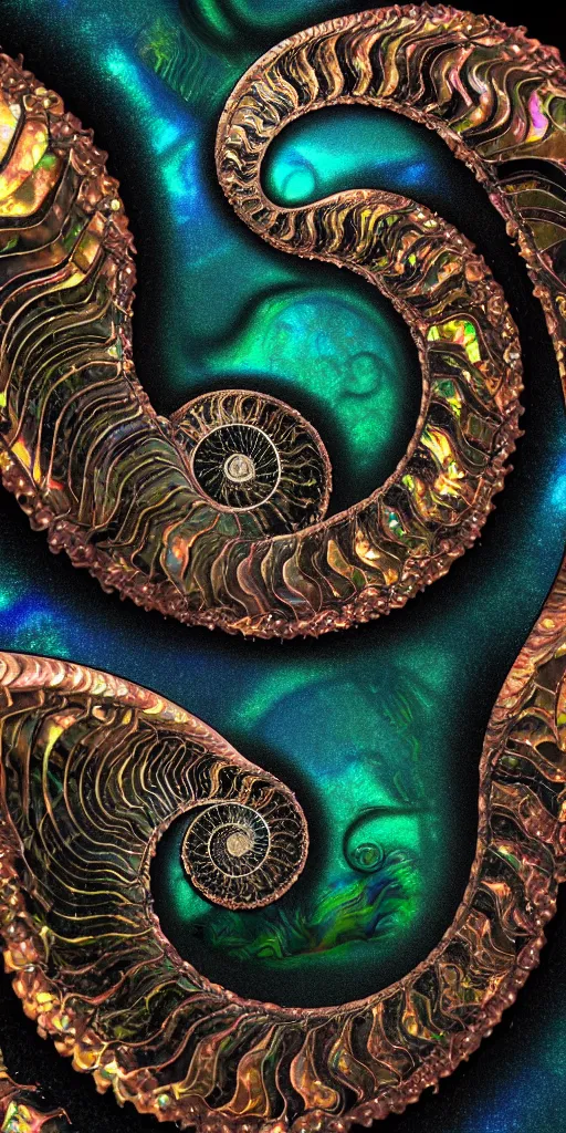 Image similar to cinematic landscape, art nouveau cresting oil slick waves, ammonite, bubbles in a shiny iridescent oil slick wave, black opals, ornate copper patina art nouveau spiral ornament, rococo, organic rippling spirals, hyperdetailed photorealistic ultrasharp octane render