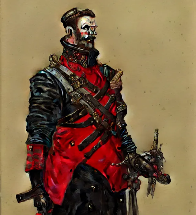 Image similar to portrait of a german man wearing a red and black traditional nineteenth century military jacket, metal shoulder pauldrons, highly detailed, digital painting, artstation, concept art, sharp focus, cinematic lighting, illustration, art by artgerm and greg rutkowski, alphonse mucha, cgsociety