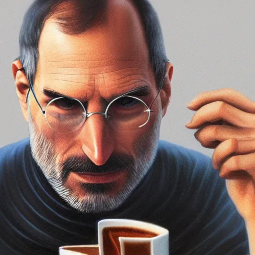 Image similar to A high definition photo of Steve Jobs drinking a cup of coffee in his living room, hyperdetailed, artstation, digital art, photorealism, accurate, 8k,