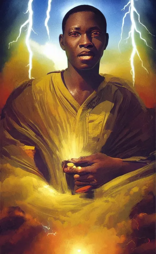 Prompt: upper half portrait of an african in yellow cape - inside the clouds - surrounded by bolts of lightning - rays of light emanating from clouds - in drew struzan movie poster style, art by drew struzan & hsiao - ron cheng, highly detailed, digital painting, ray tracing, illustration, smooth, sharp focus, intricate, symmetry, artstation,