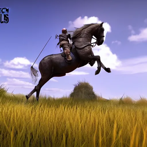 Image similar to knight riding a horse in a field, full 8 k highly detailed unreal engine 5 render