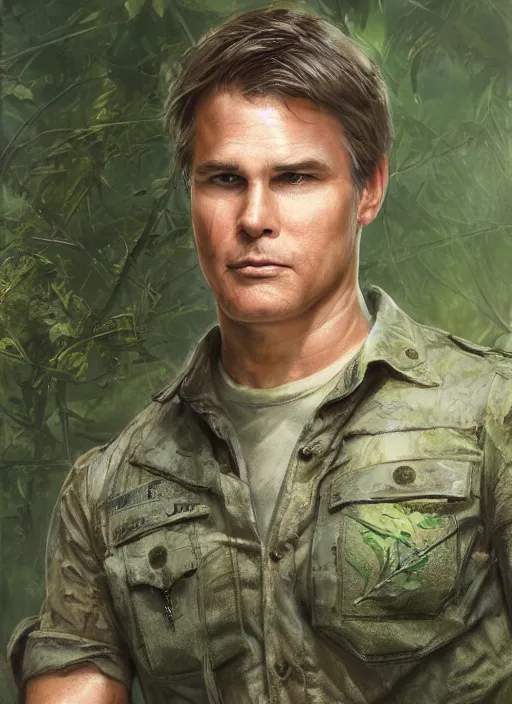 Image similar to portrait of a young richard dean anderson wearing a green combat uniform, in a post appocalyptic city overgrown by plants, by stanley artgerm lau, by wlop, by luis royo, by greg rutkowski, cover illustration, concept art, volumetric lighting, volumetric atmosphere, sharp focus, octane render, trending on artstation, 8 k